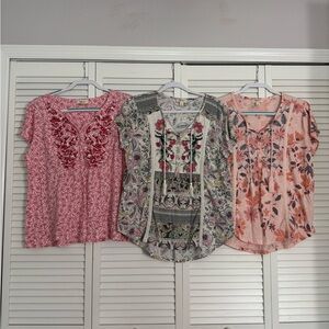 Style & Co Pink Floral Embroidered Short Sleeve Tops Girly Feminine Boho Sz L